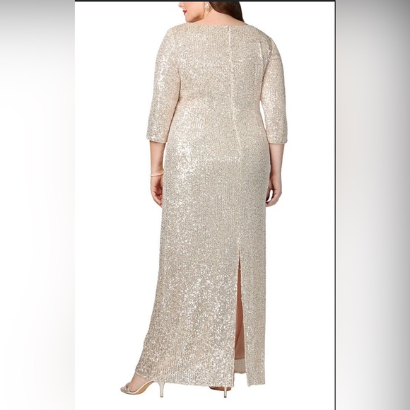 NWT Alex Evenings Floor Length Champagne Sequin Gown with Knot Waist Detail. 24W - Picture 2 of 3